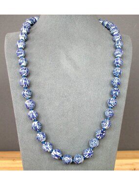 Vintage Chinese Blue & White Porcelain "Shou" Character Bead Necklace